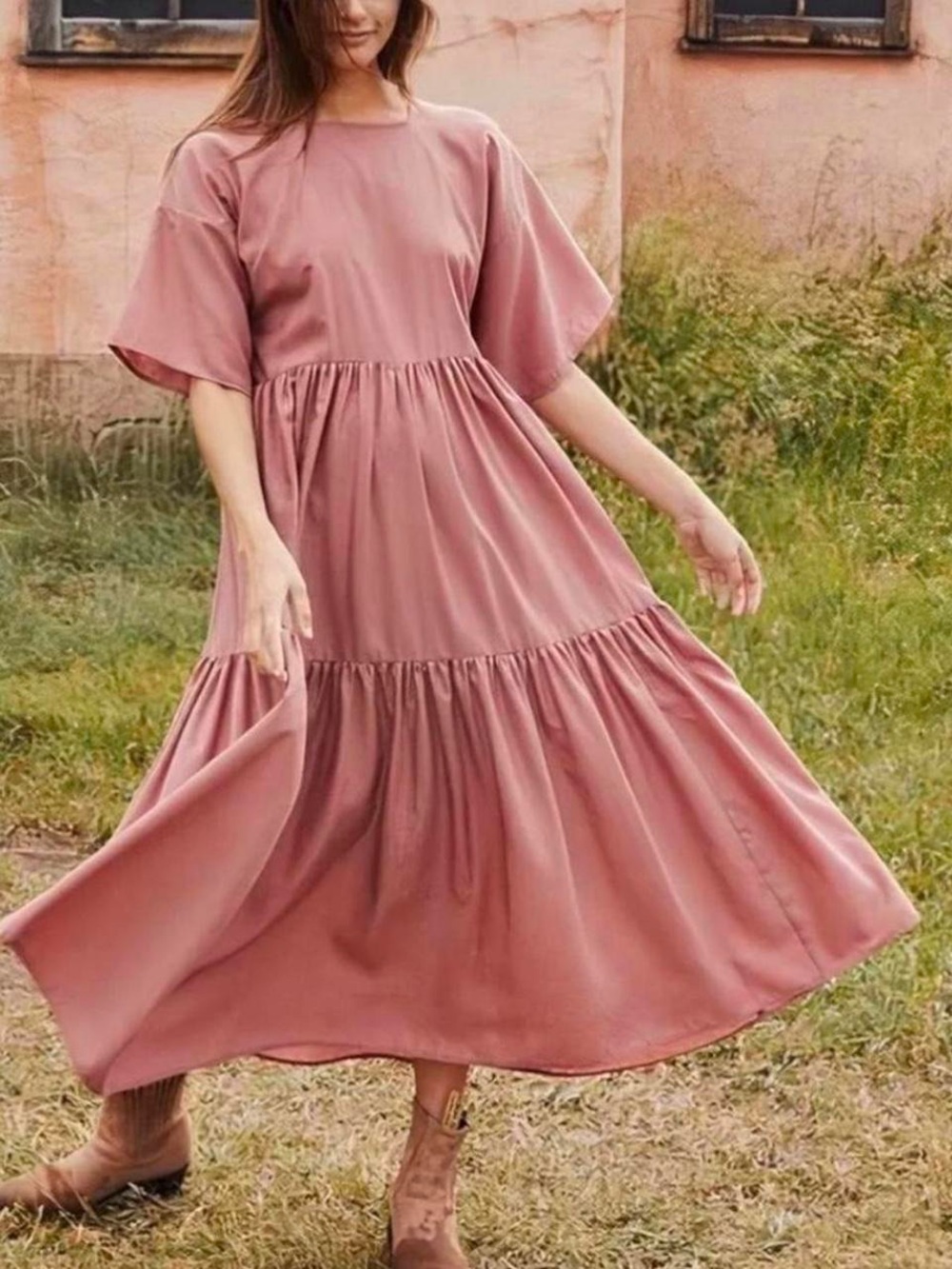 Christy Dawn Theo Dress Mauve Grey Check Tiered Midi Deadstock S